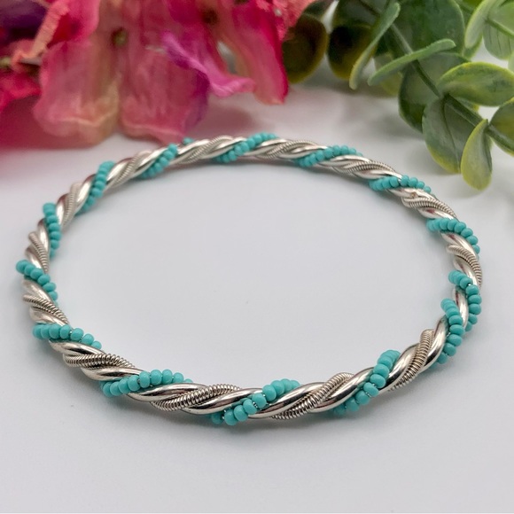 Silver Tone Twisted Blue Seed Bead Bangle Bracelet - Picture 7 of 11
